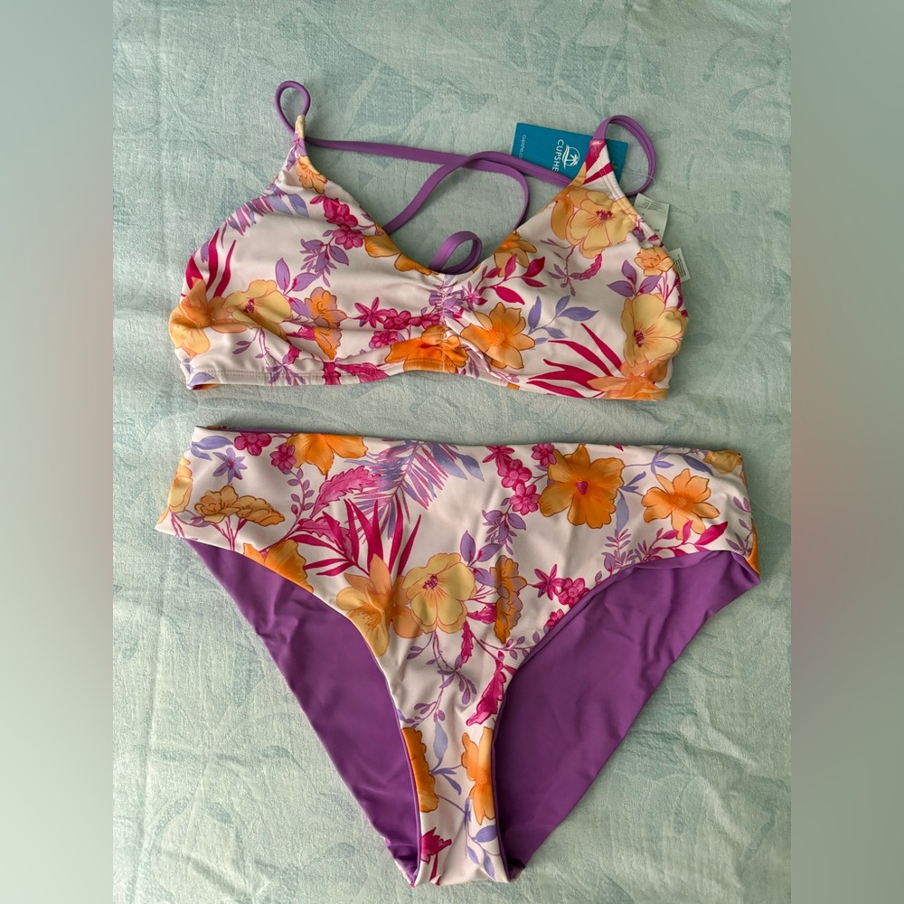 CUPSHE Purple Floral Crossback Bikini Set, size L